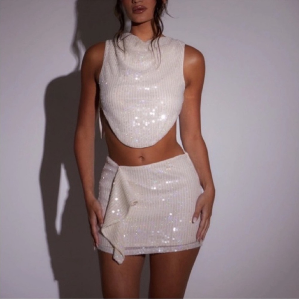 SLA the label Sequin set- Mini Skirt and top in off white/cream